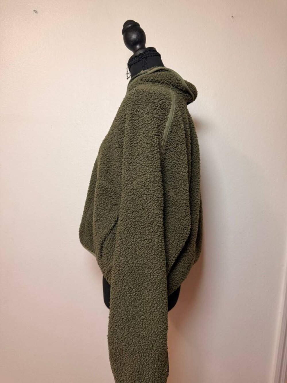 Olive Green Sherpa Half-Zip Pullover Cozy Teddy Fleece Jacket Medium - Picture 4 of 7